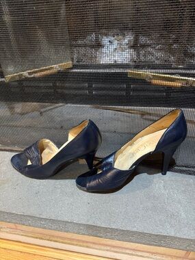 Roland Cartier Navy Peep-Toe Leather Heels vintage quiet luxury rich auntie old